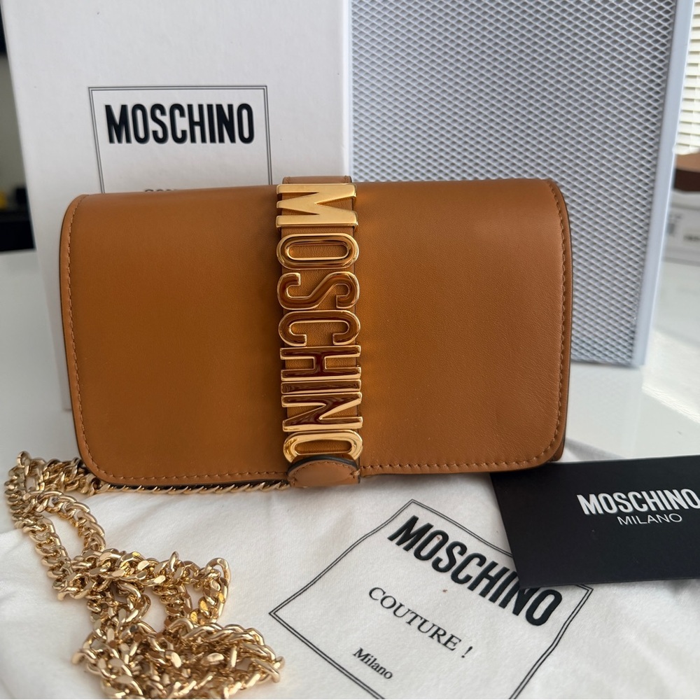 Moschino Tan Leather Crossbody with Gold Logo Chain